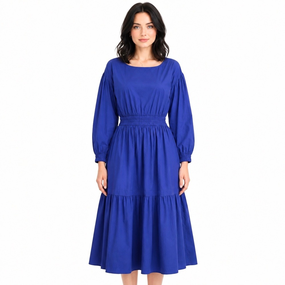 Apiece Apart Estrella Blue Midi Dress XS Organic Cotton Smocked Waist Tiered